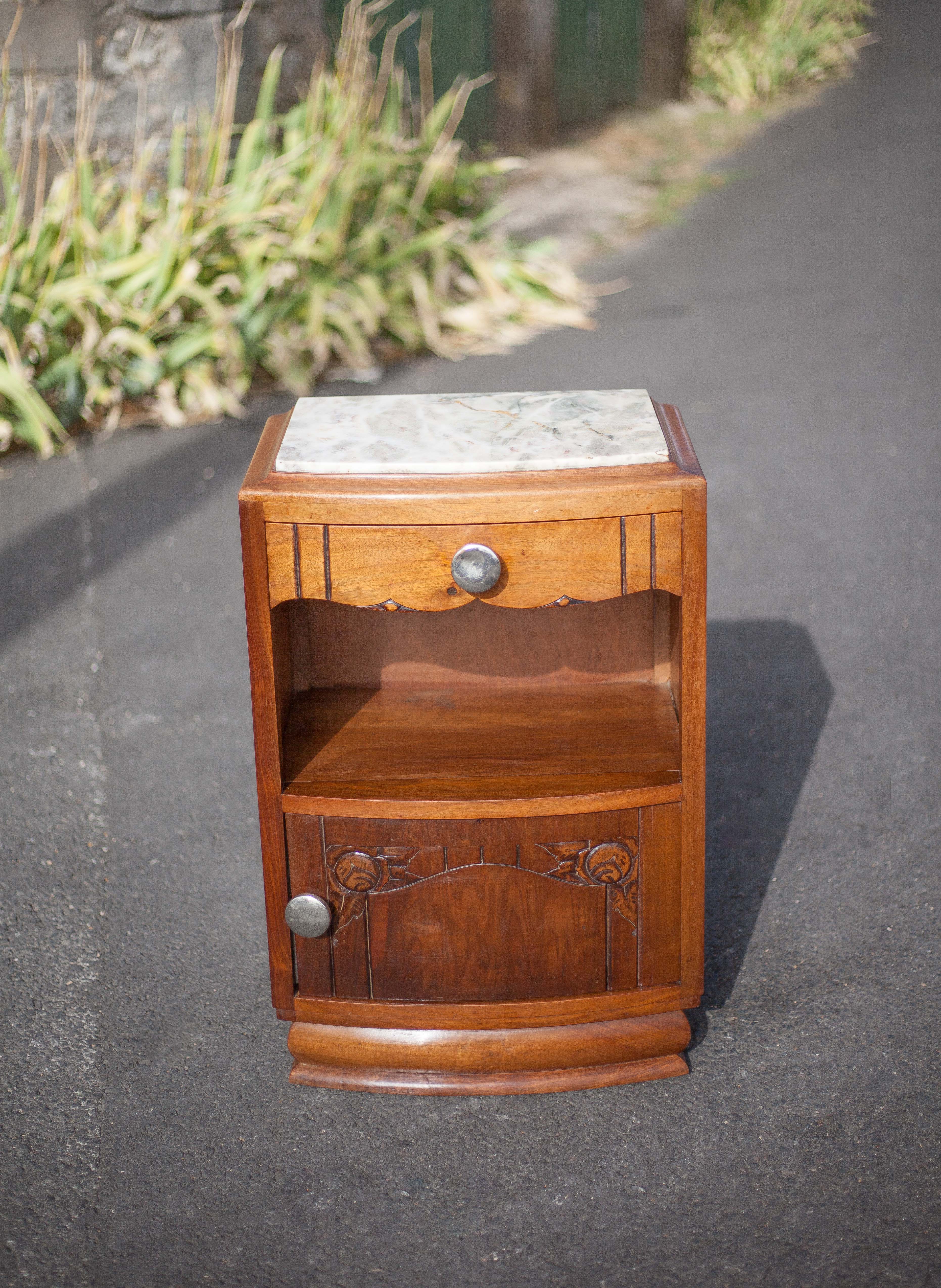 Bedside table, wooden nightstand with marble plate, art deco furniture, vintage furniture