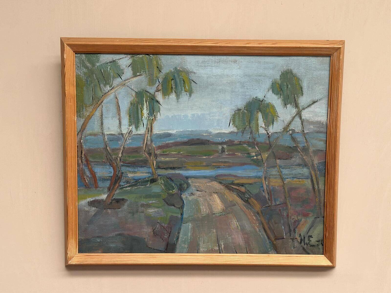 Original Mid Century Scandinavian Oil On Canvas – Path “H.E.” (1960) – Signed – Vintage & Framed – 52 × 43 Cm (20.5" × 16.9")