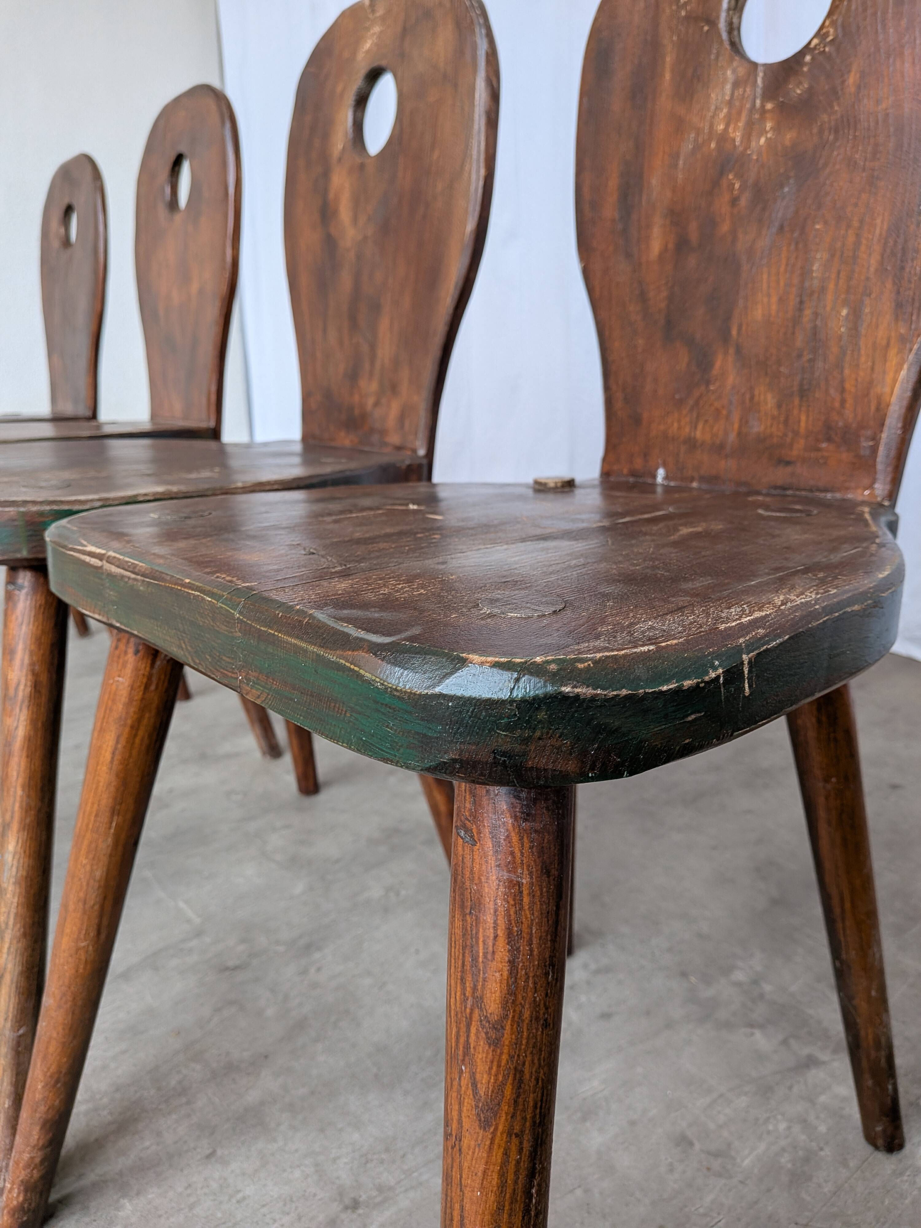 Set of 4 Vintage Brutalist Wooden Chair / Rustic Farmhouse Dining Chair