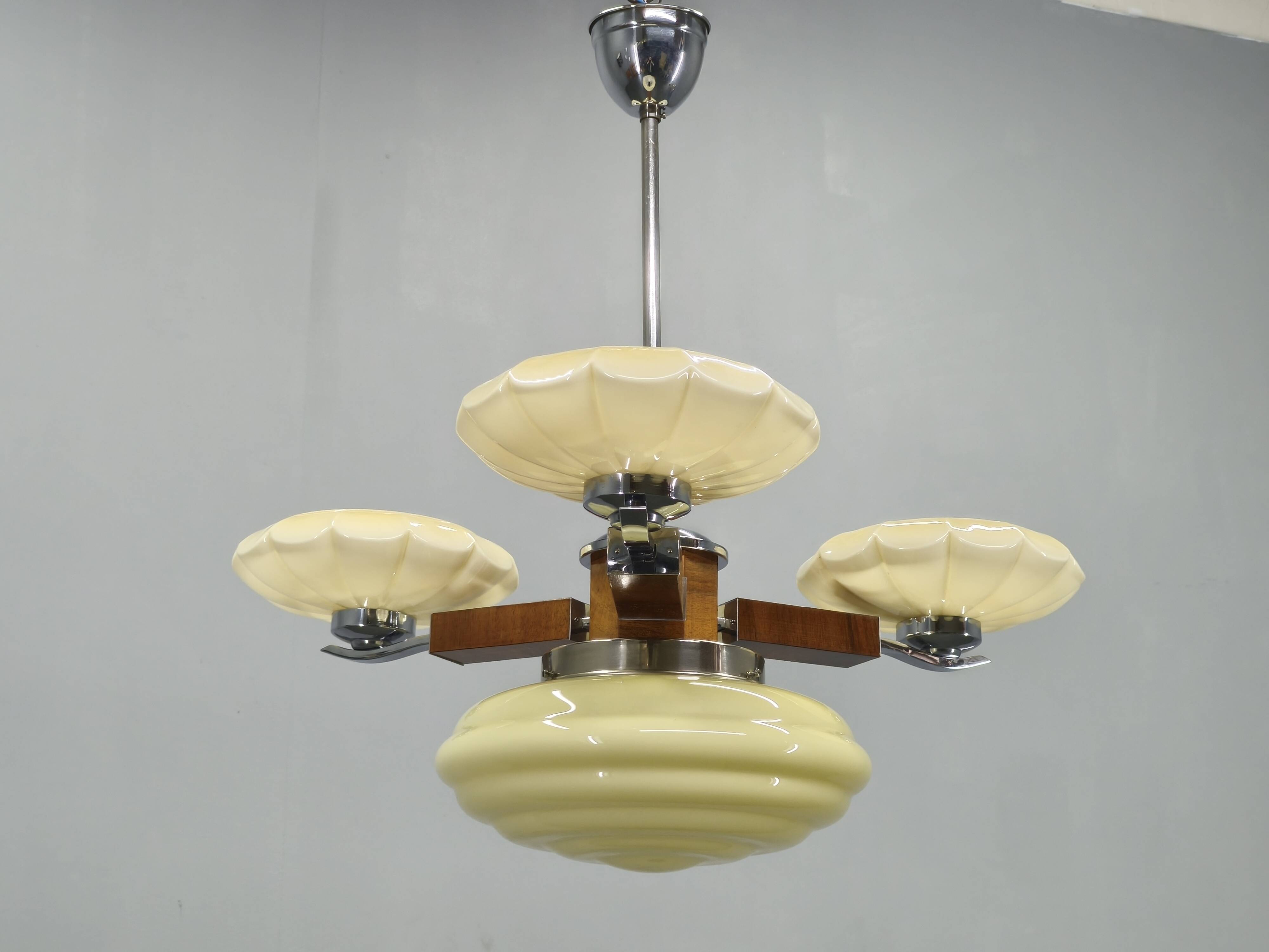 1940s Czechoslovak Art Deco Chandelier in Walnut Chrome and Glass