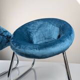 Pair of Italian Chrome and Blue Velvet Armchairs, 1970s