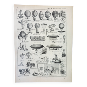 Old engraving 1898, Old hot air balloon, ballooning • Original and vintage lithograph