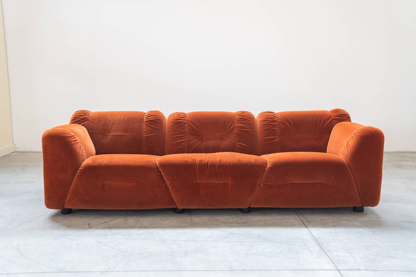 Orange chenille sofas, two and three seats, set of 2, 1970s