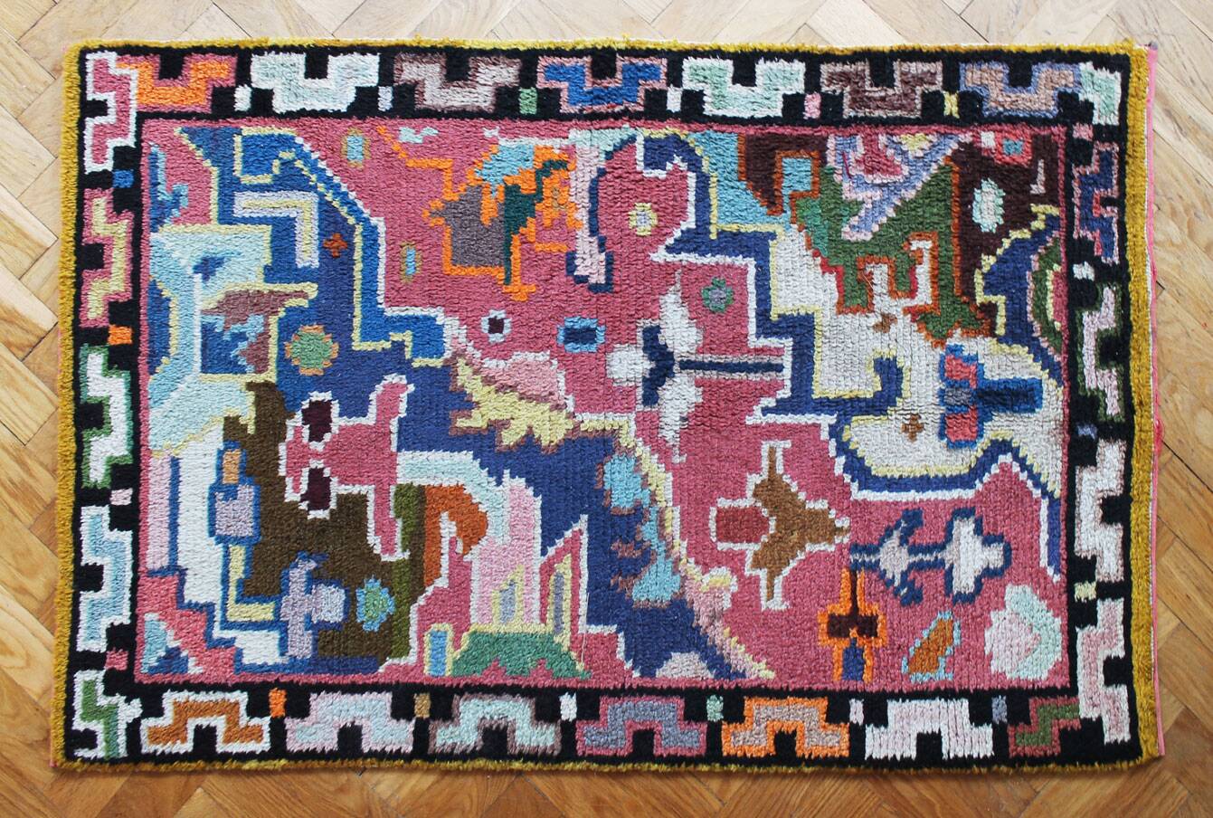 1960s Wool Rug with Vibrant Geometric Abstract Pattern