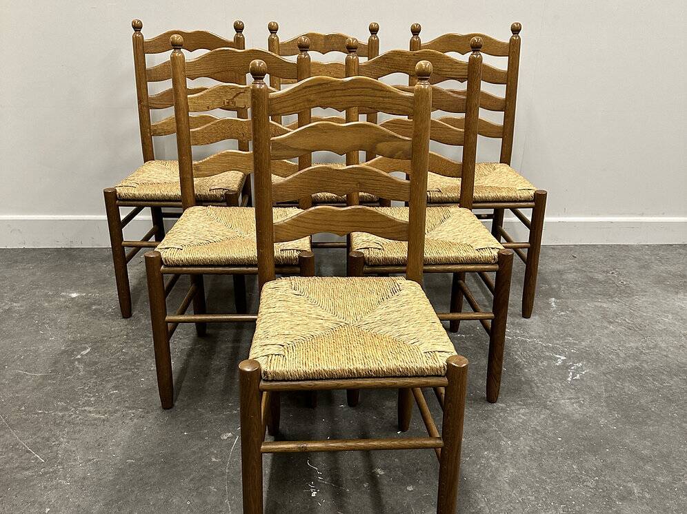 Set of 6 French Provence oak farmhouse country dining chairs with rush seating