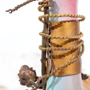 Art nouveau table lamp with bronze fly and hop leaves