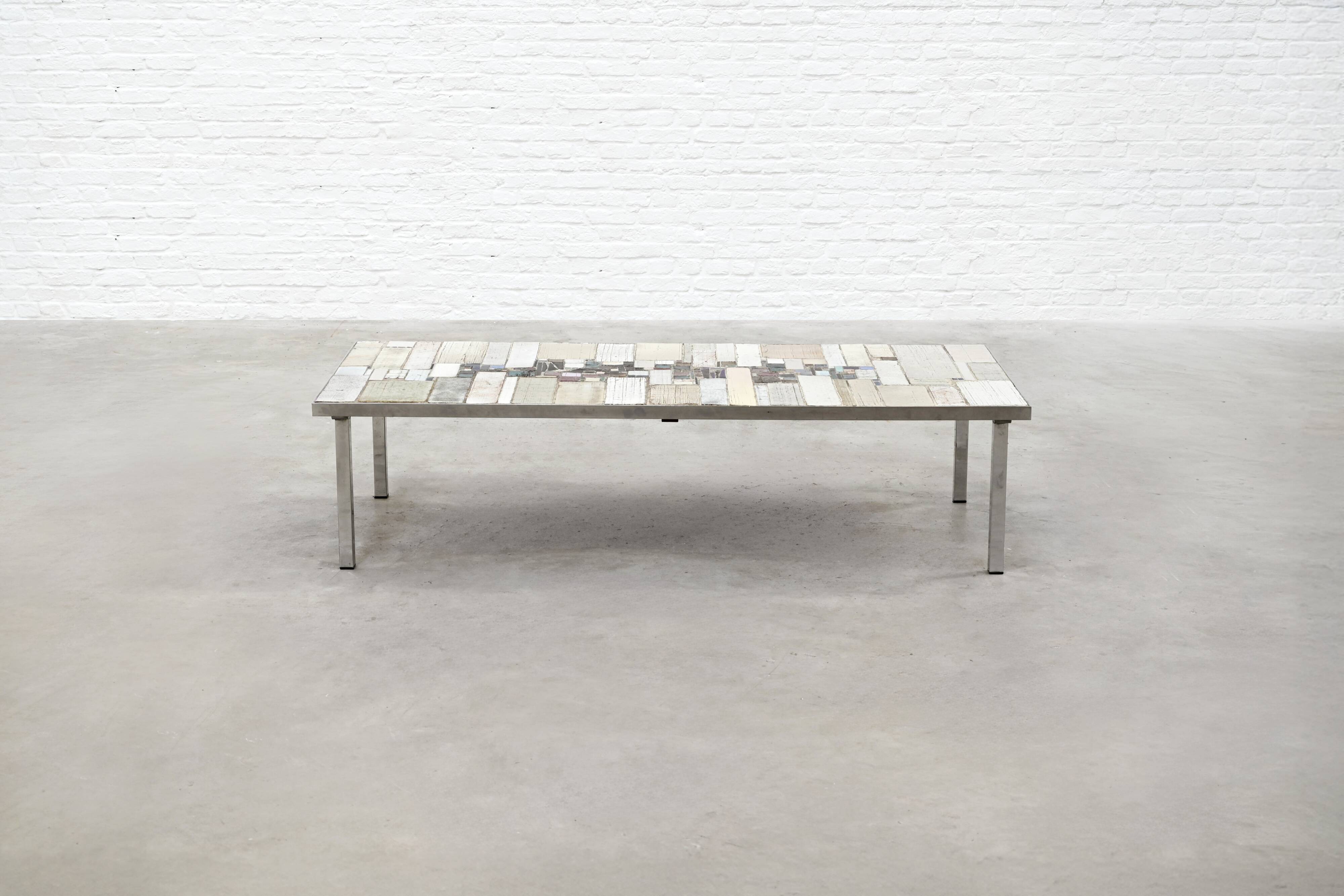 Brutalist Coffee Table by Pia Manu, Ceramic Top, Metal Base, Belgium