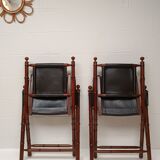 Pair of vintage "safari" folding armchairs in mahogany and leather