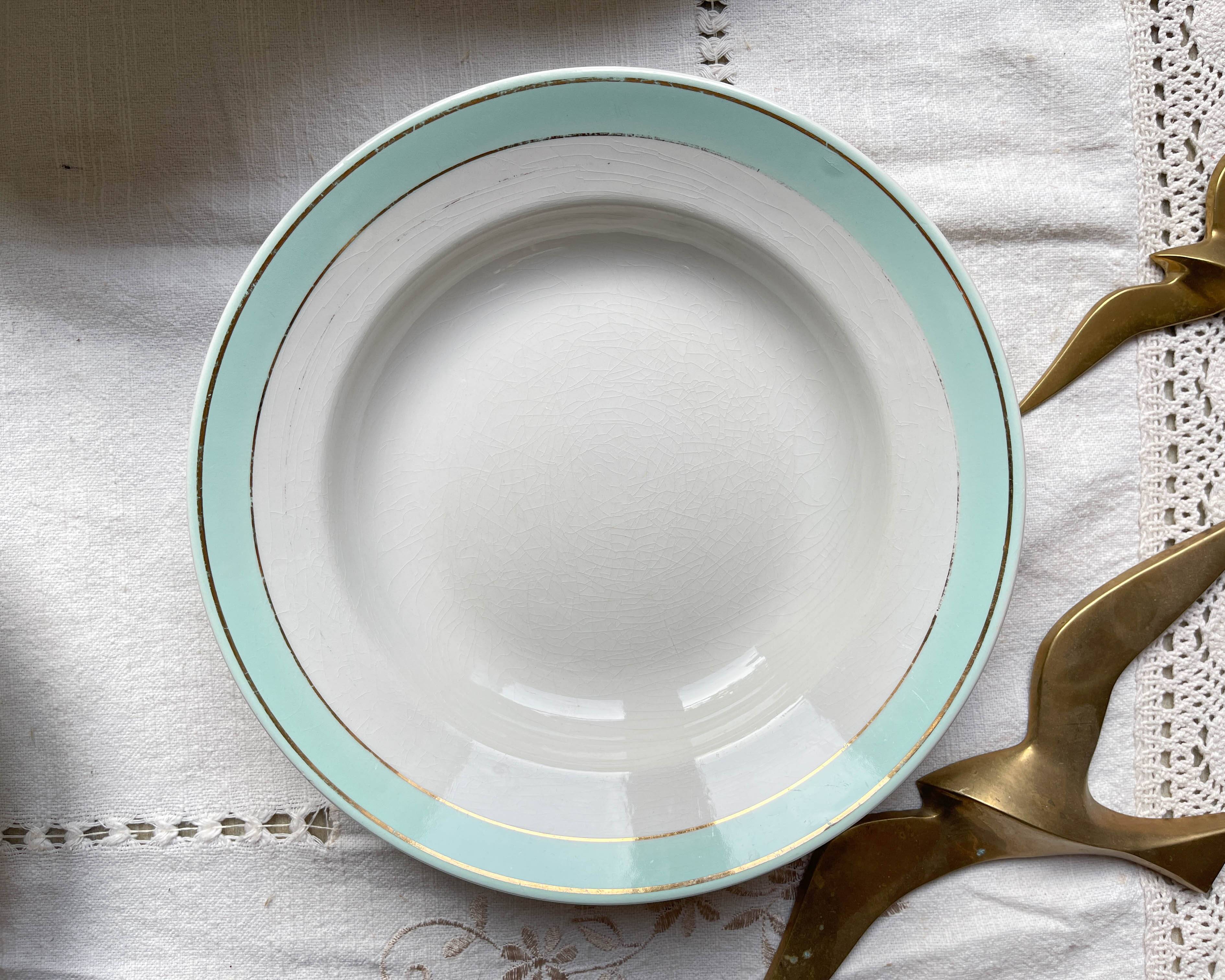 6 vintage LUNEVILLE earthenware soup plates, white, green and gold