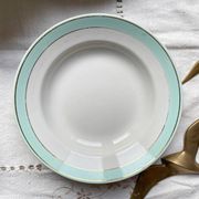6 vintage LUNEVILLE earthenware soup plates, white, green and gold