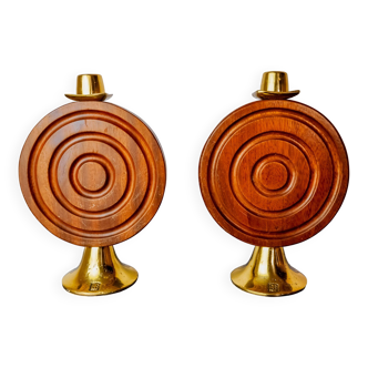 Pair of brutalist candlesticks by Ardisur, bronze and wood, Spain, 1970