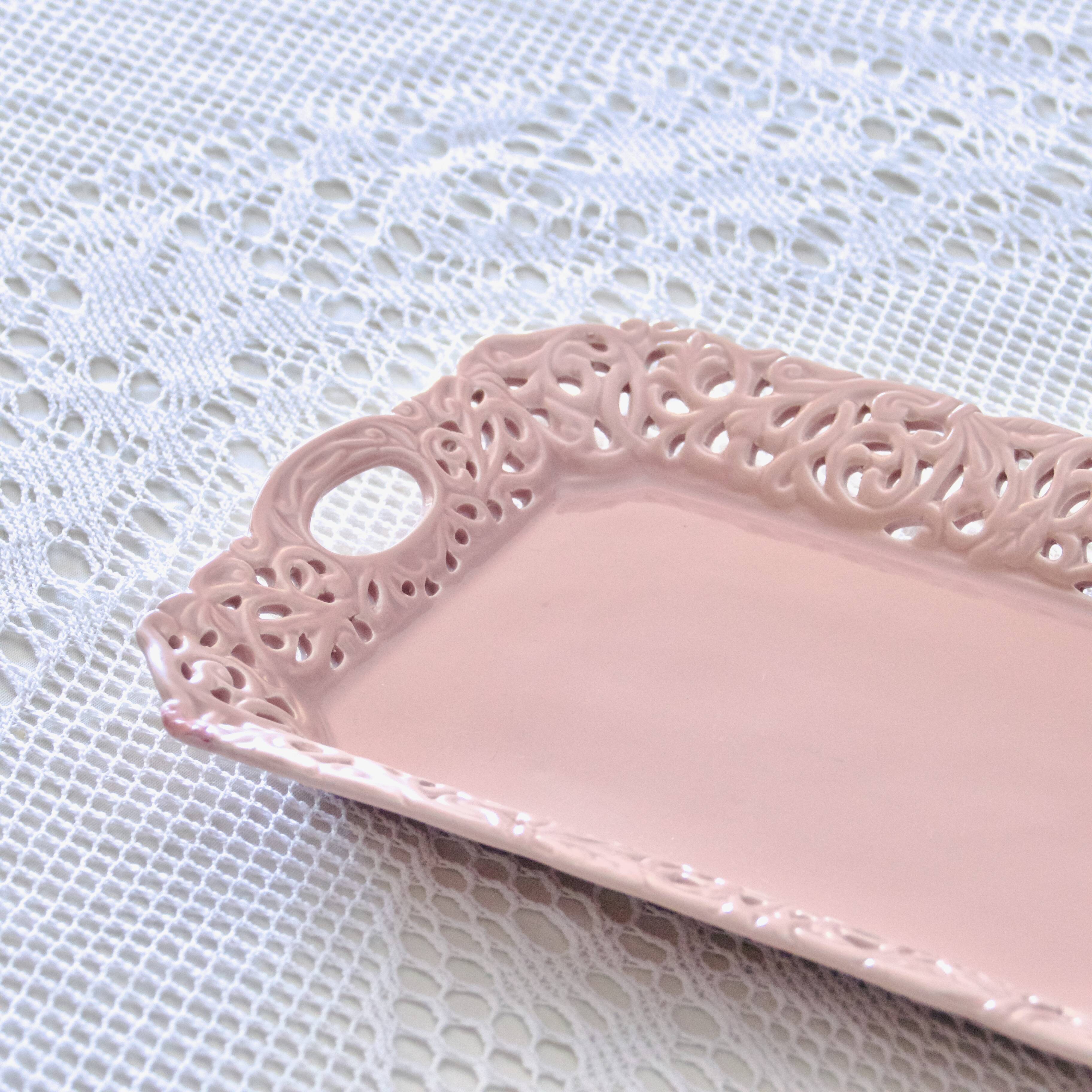 Antique openwork earthenware cake dish with pink lace