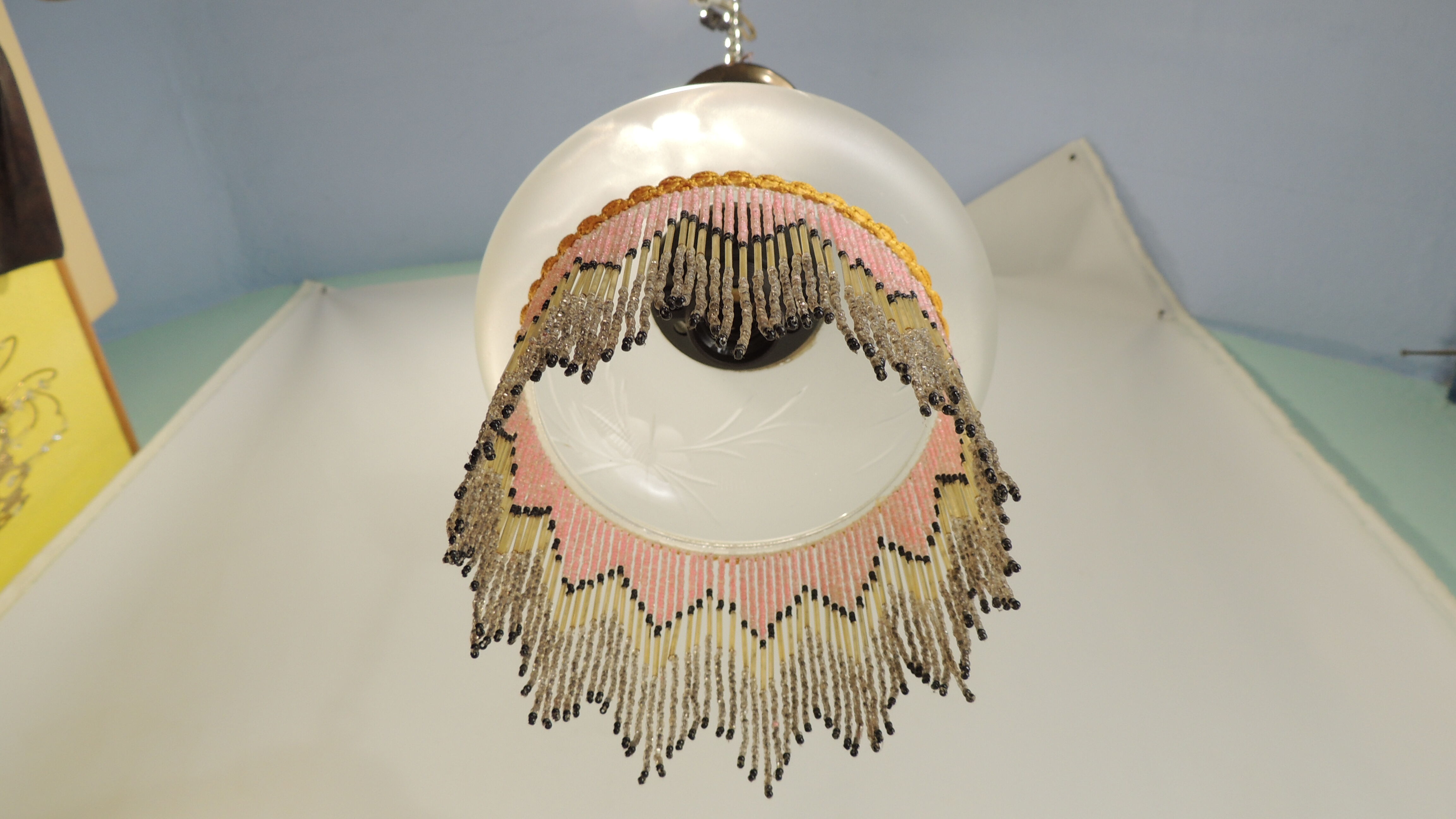 Charleston pendant lamp / engraved and frosted glass and glass bead fringe / vintage