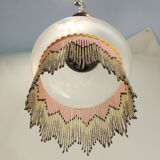 Charleston pendant lamp / engraved and frosted glass and glass bead fringe / vintage