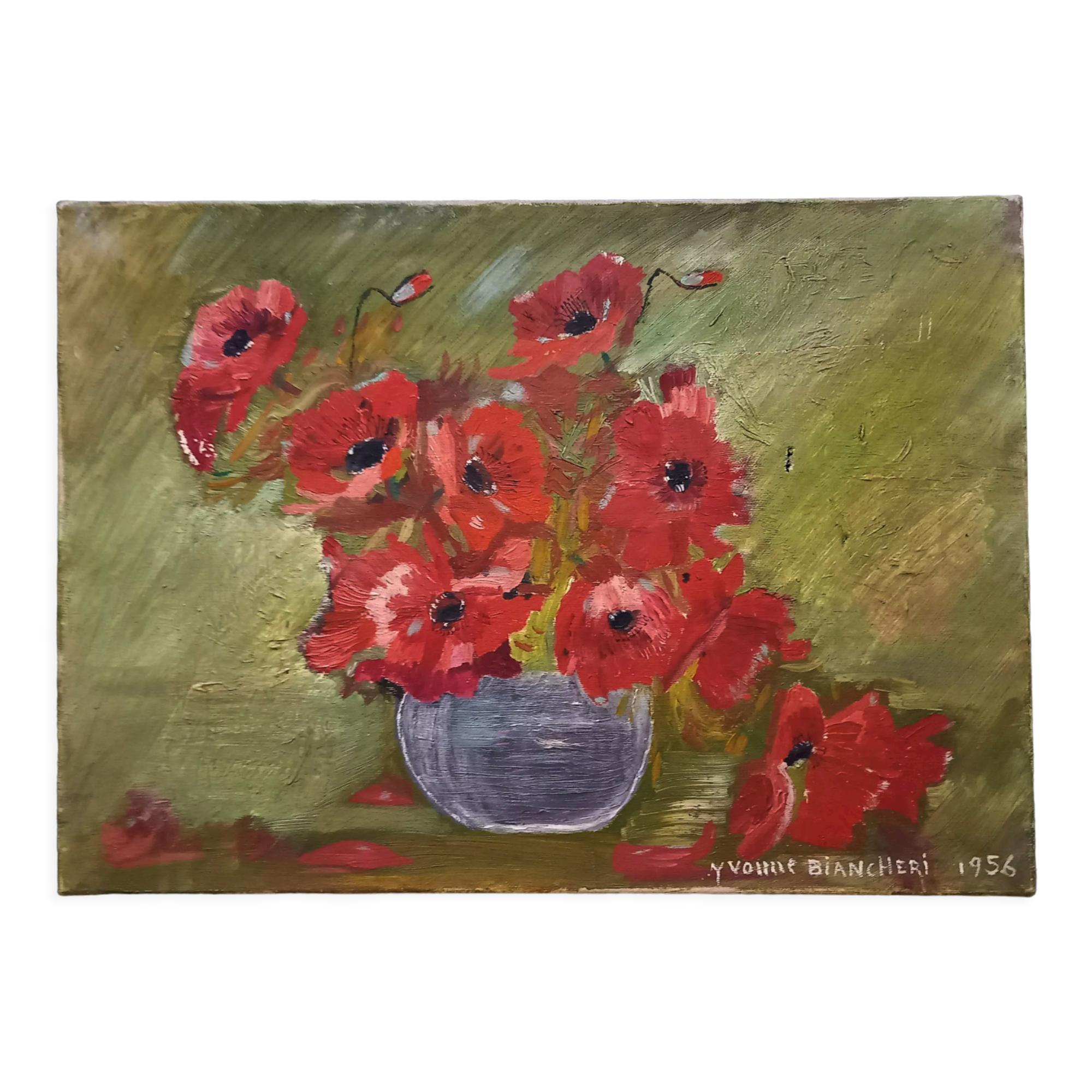 Old painting signed Yvonne Biancheri, Bouquet of red anemones, 1956,