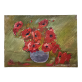 Old painting signed Yvonne Biancheri, Bouquet of red anemones, 1956,