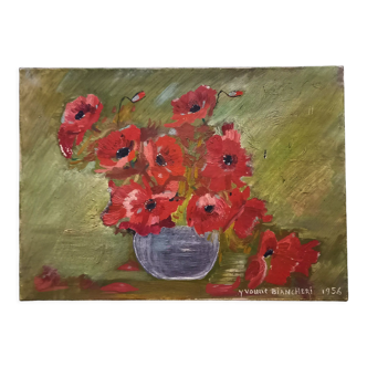 Old painting signed Yvonne Biancheri, Bouquet of red anemones, 1956,