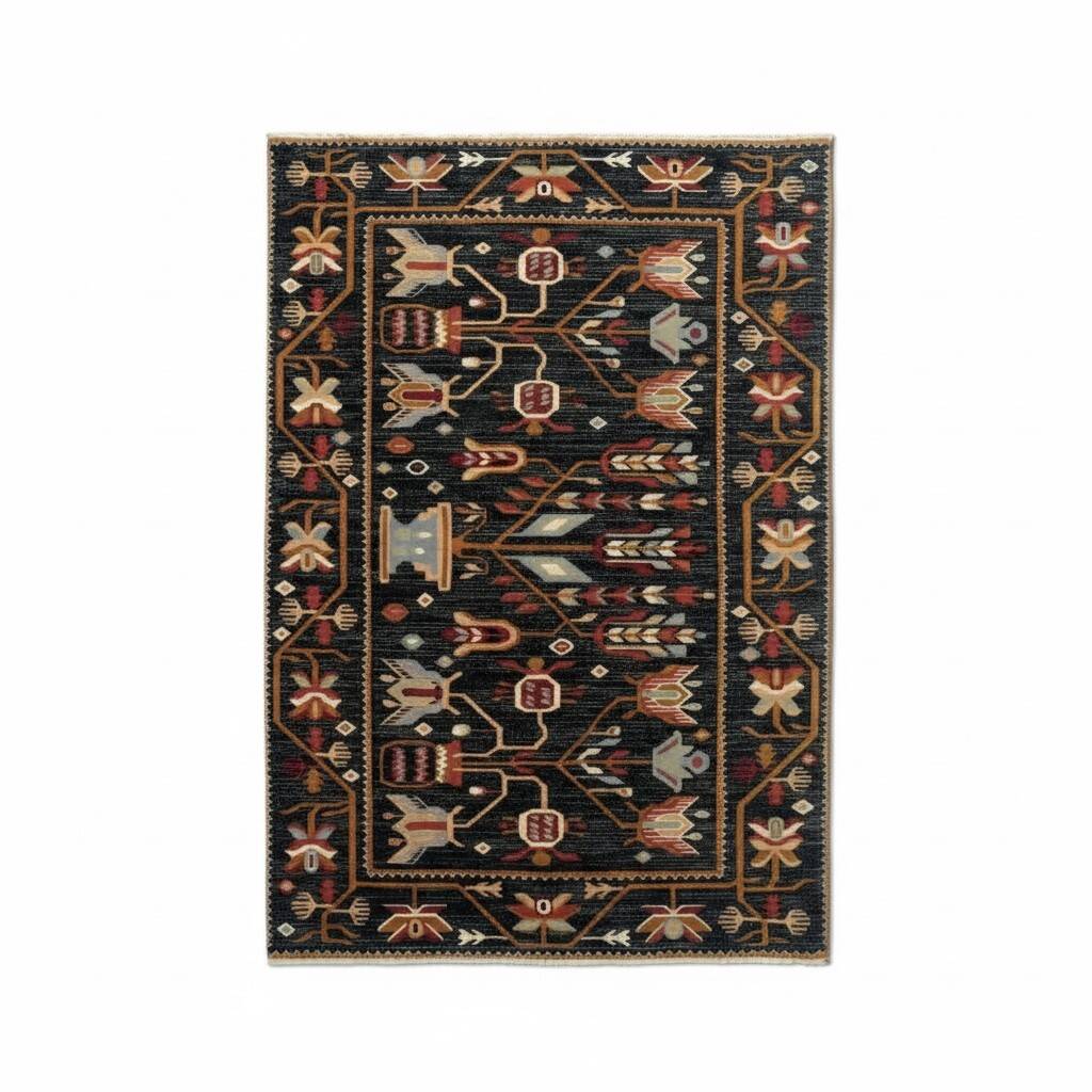 Black floral Persian rug - Wool