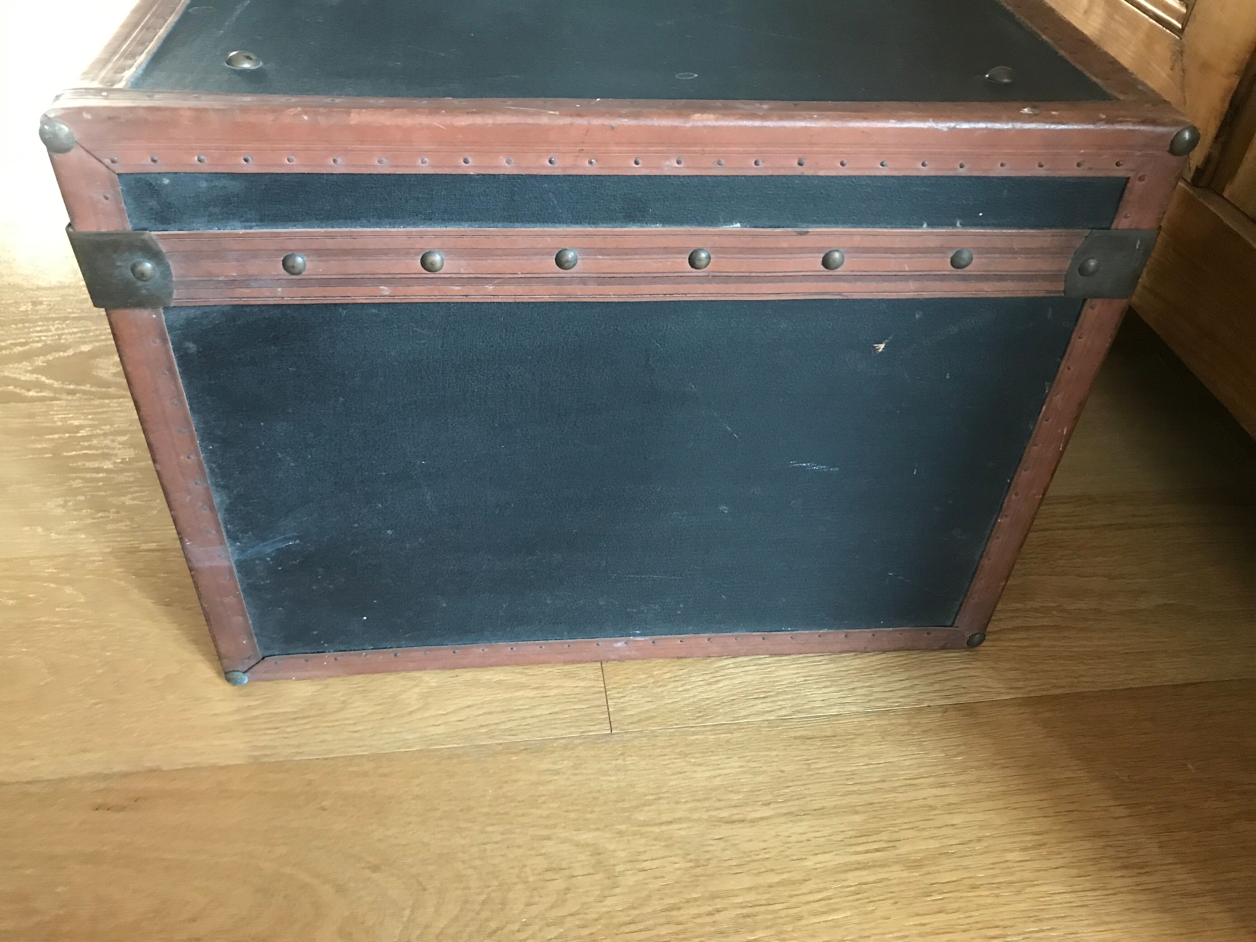 Old square travel trunk J Penet