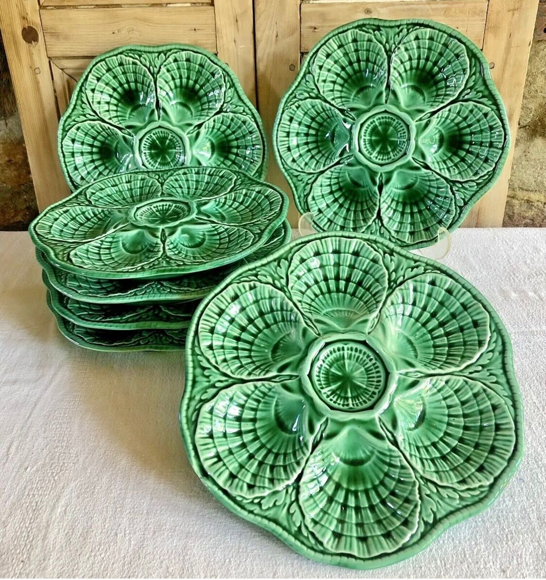 7 old oyster plates Sarreguemines green slurry