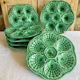 7 anciennes assiettes à huîtres barbotine verte sarreguemines