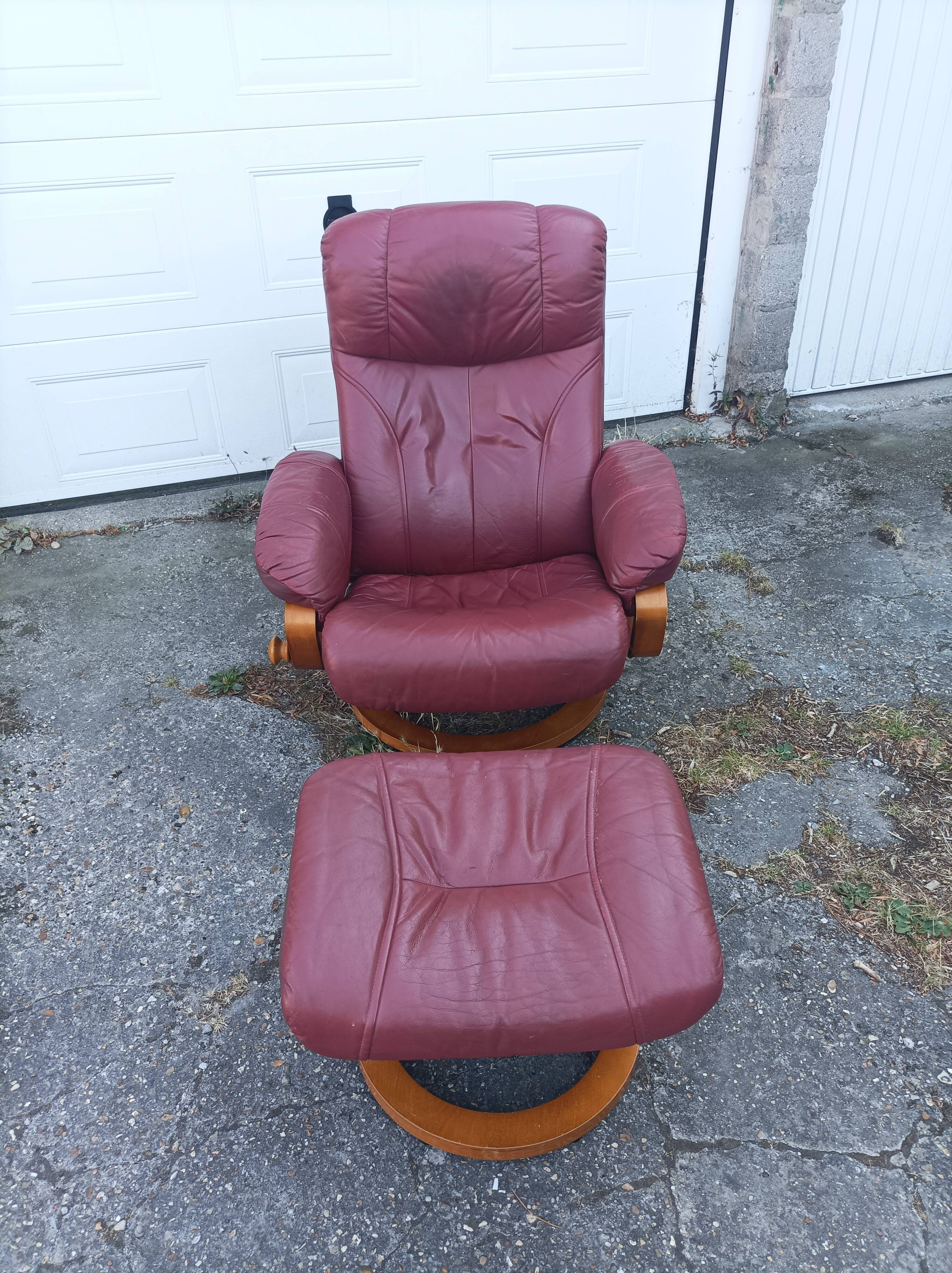 Old armchair on vintage leather foot + foot rest