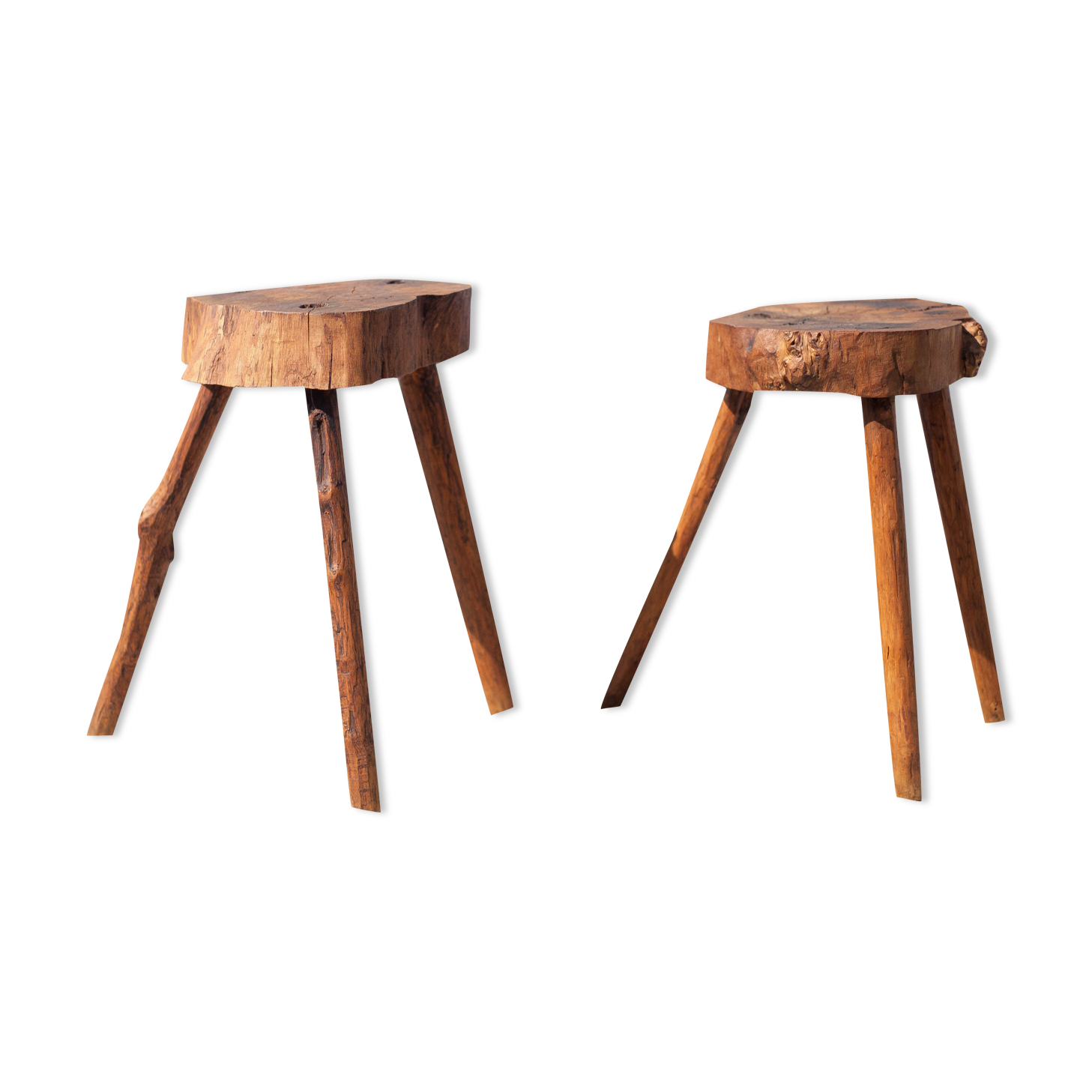 Pair of brutalist tripod wood stools