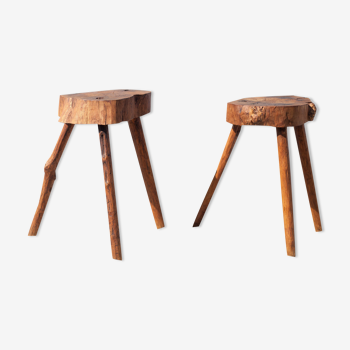 Pair of brutalist tripod wood stools