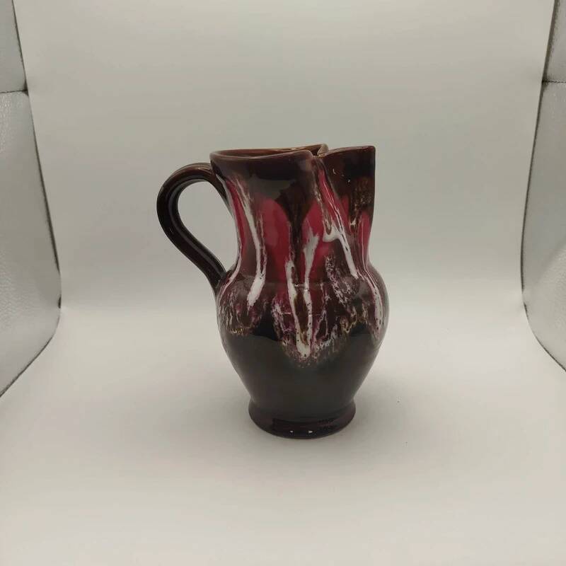 Pichet Vallauris vintage glazed ceramic with red drip design from the 1960s.