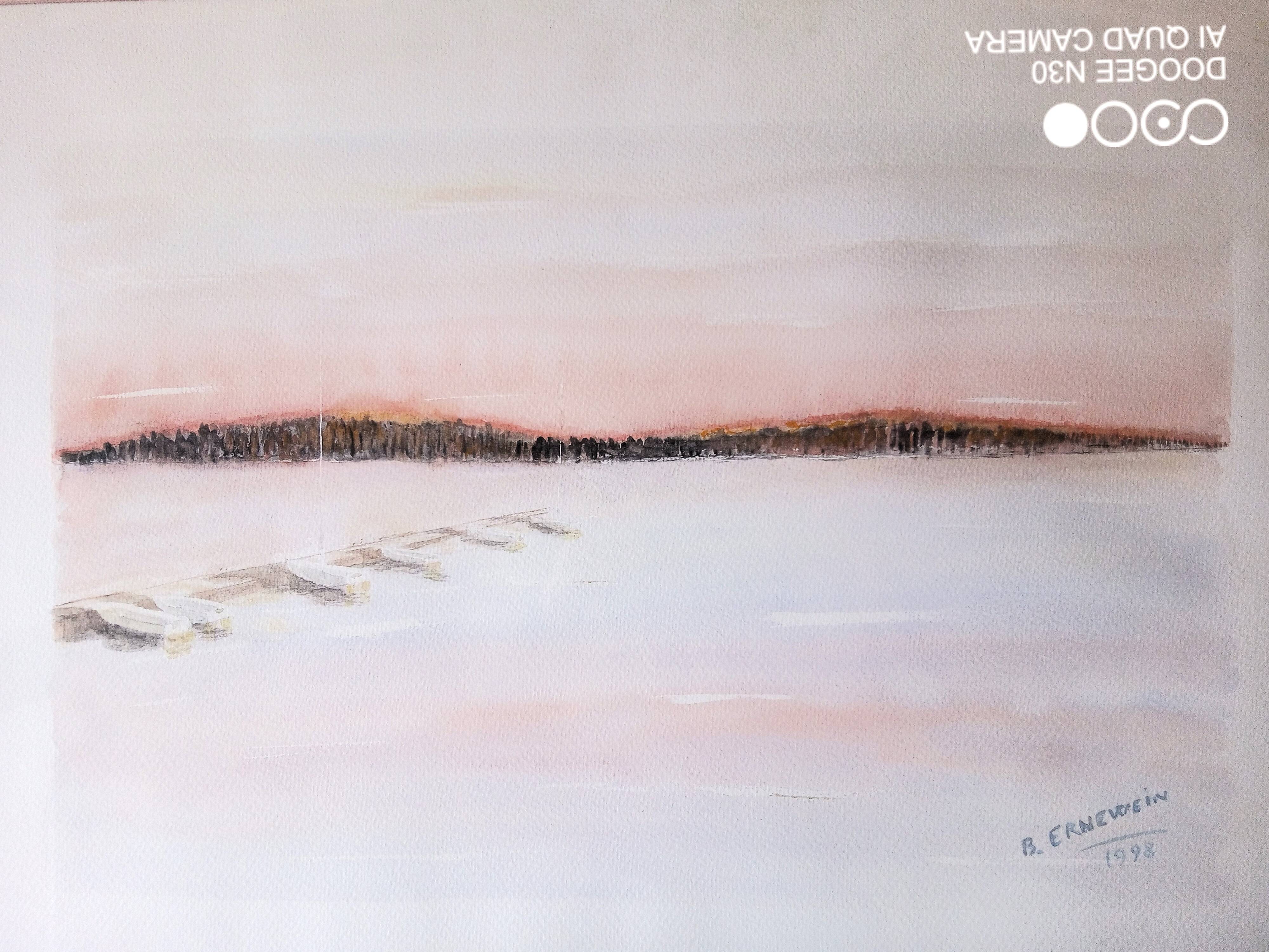 Watercolor on paper - sunset on a beach with boats, framed, signed B. Ernewein