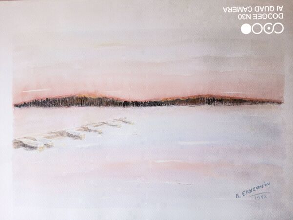 Aquarelle sur papier - couché de soleil sur une plage avec barques, encadrée, signée B. Ernewein