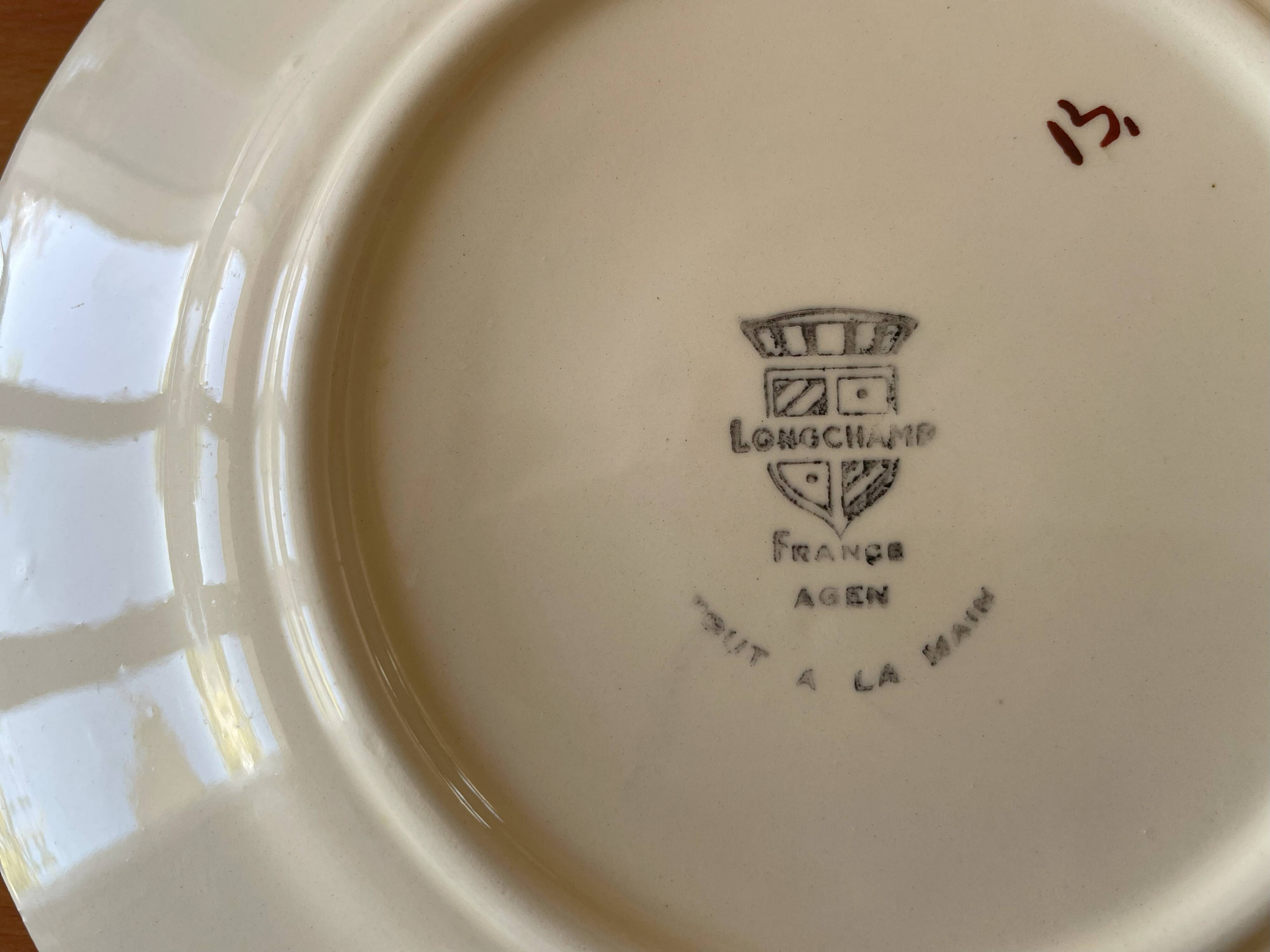 6 antique Longchamp earthenware dessert plates