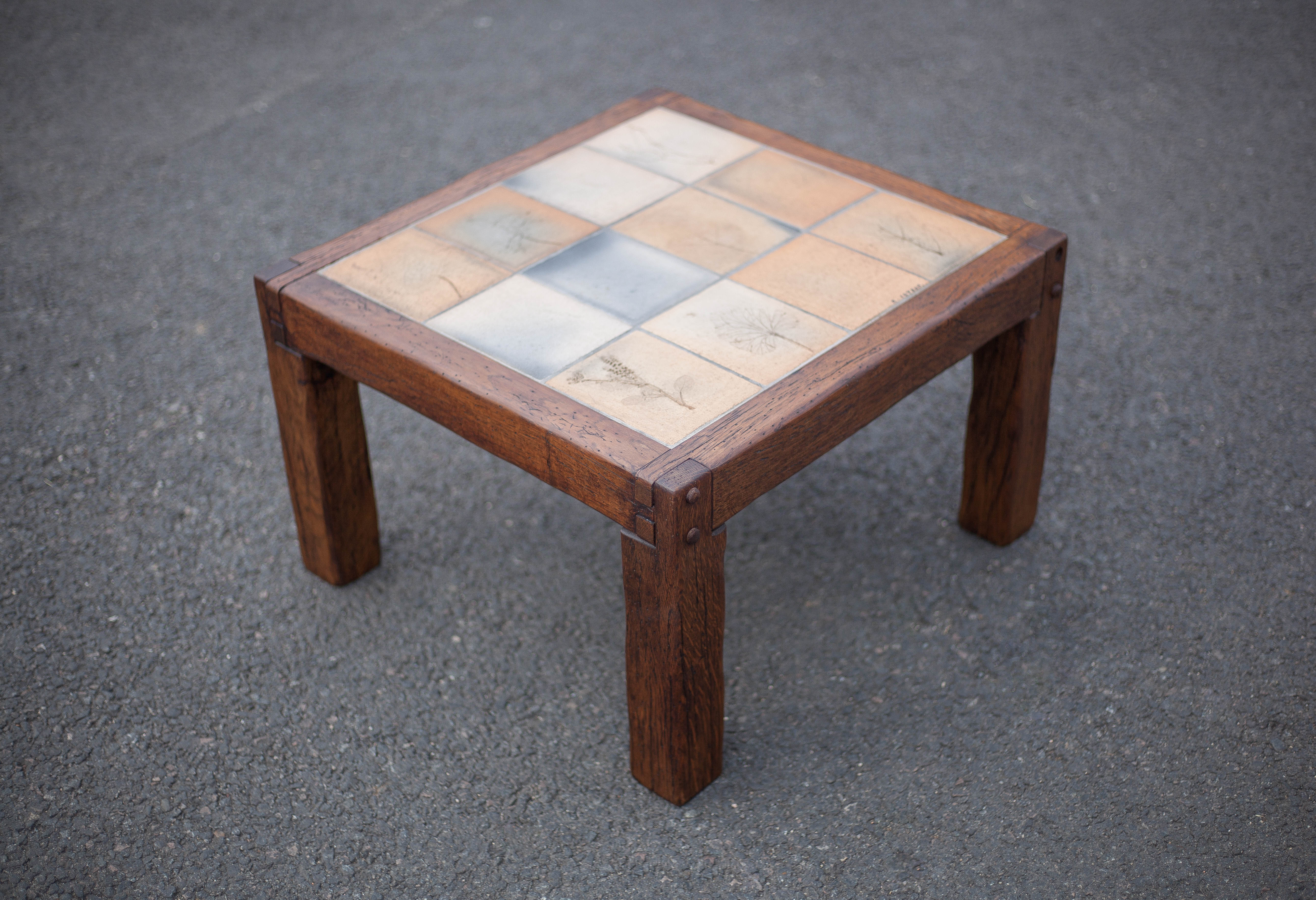 small ceramic coffee table herbarium feet wood, table signed R.capron
