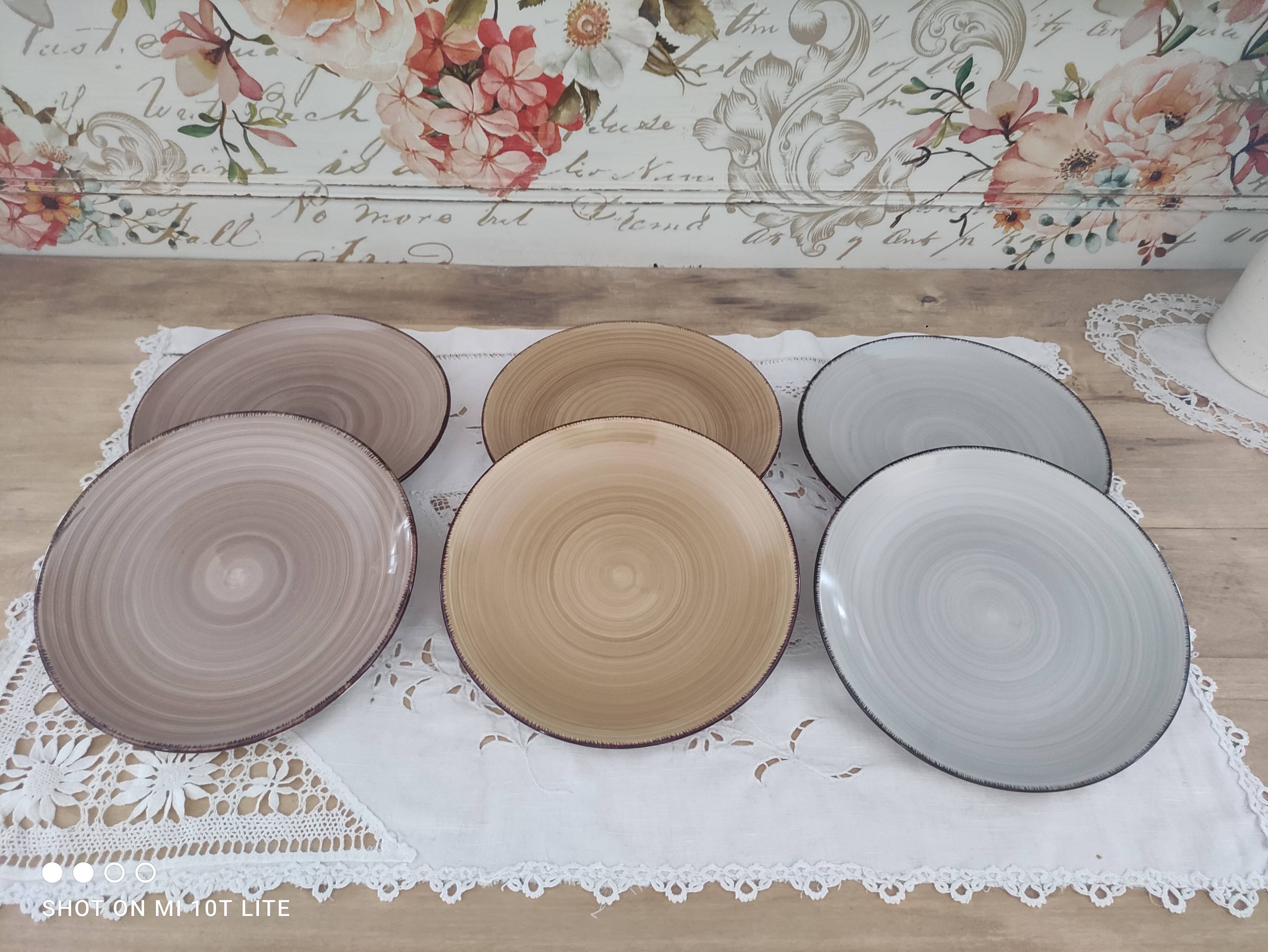Lot de 6 assiettes à dessert en faïence van well en camaïeu de brun, ocre et gris, liseré brossé