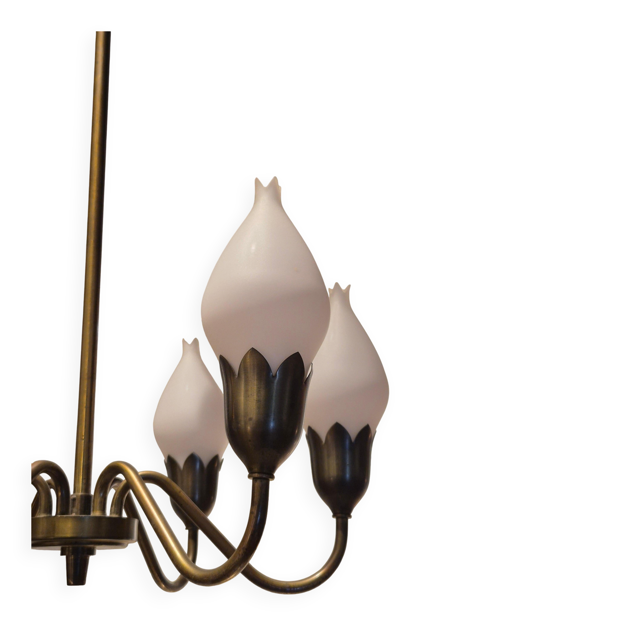 Lustre "Tulip" in brass and glass by Fog and Morup, Denmark.