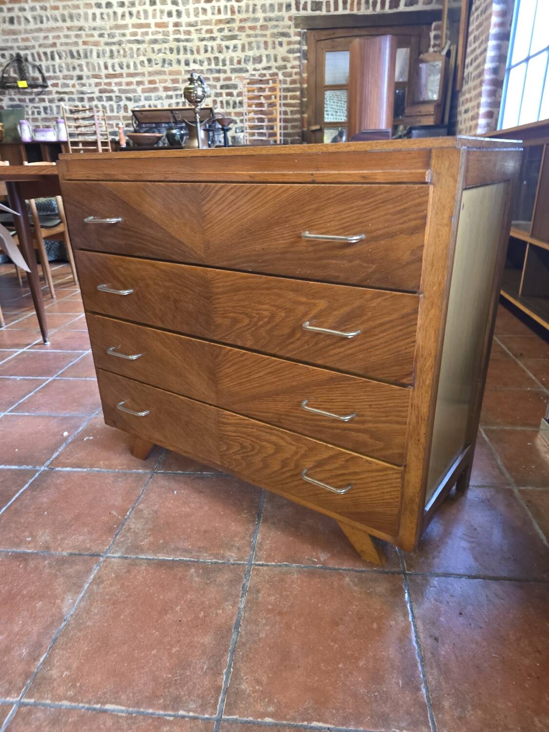 Vintage oak chest of drawers with herringbone patterns from the 1960s.