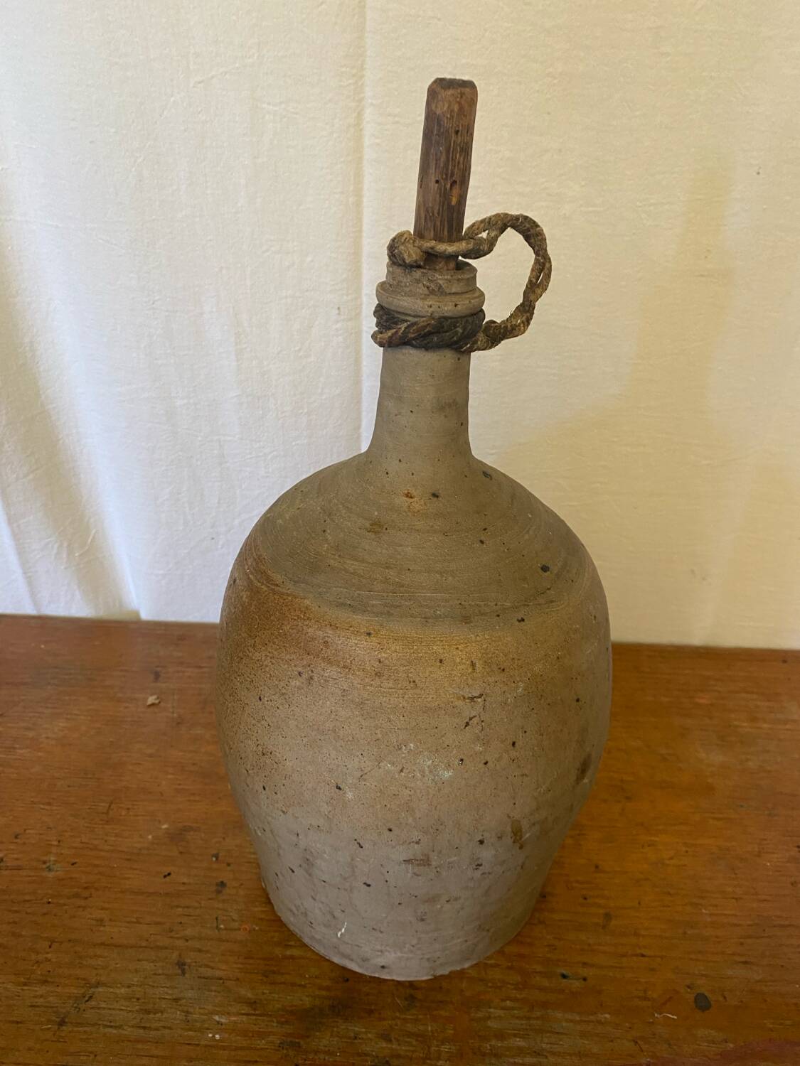 Antique Beige Stoneware Bottle + Wooden Stopper Large Volume Vintage