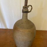 Antique Beige Stoneware Bottle + Wooden Stopper Large Volume Vintage