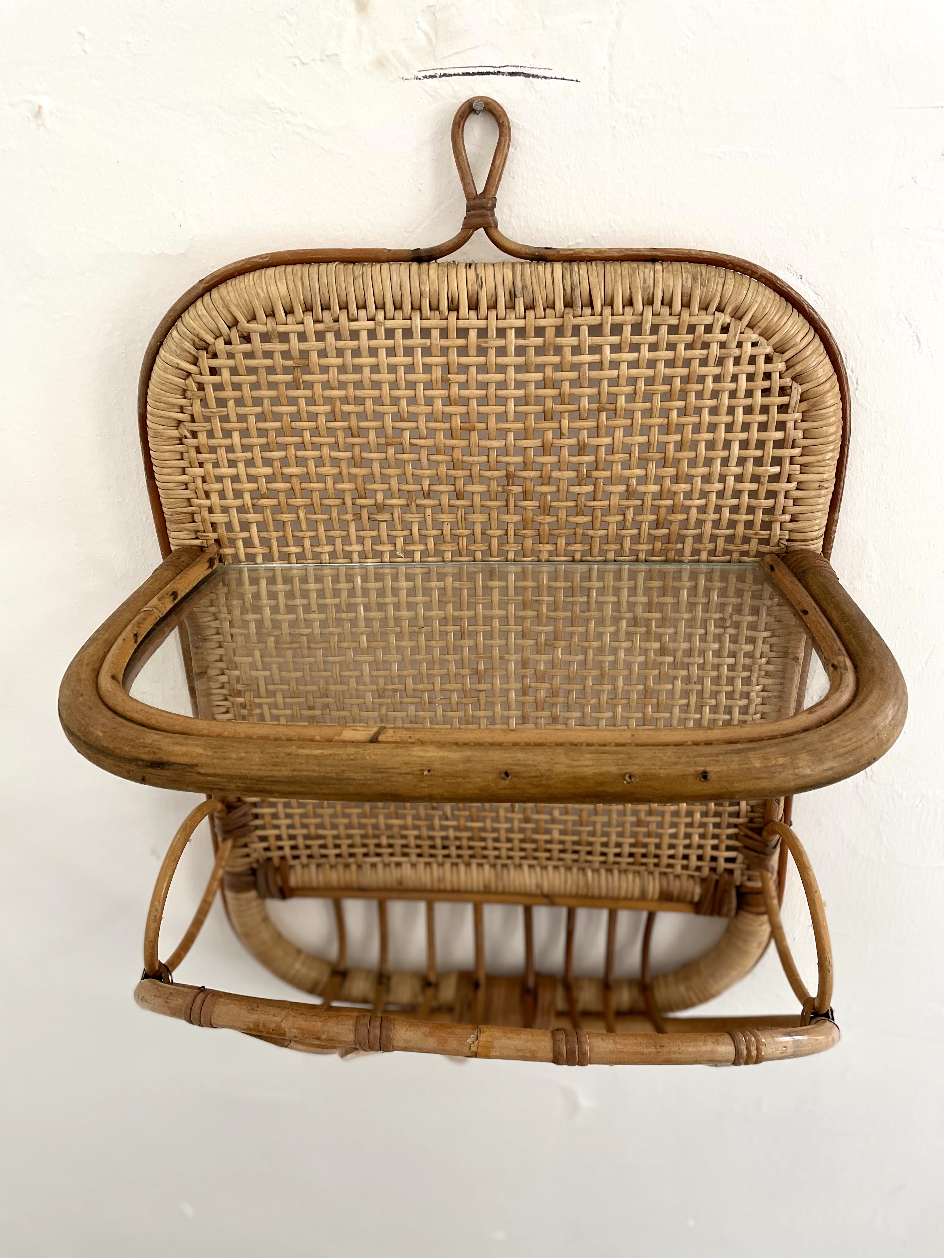 Mid-century bamboo and glass shelf with magazine stand, circa 1960, italy