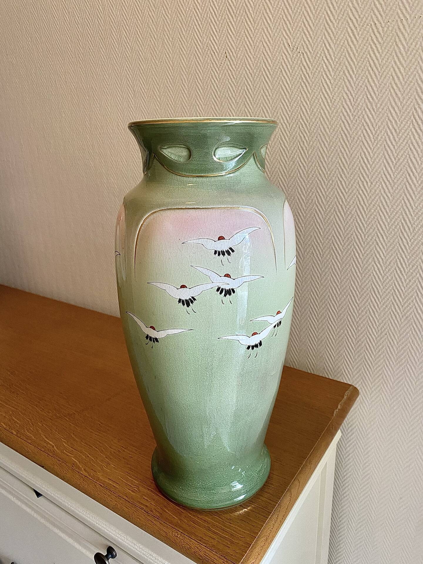 Large Art Nouveau vase from Fives-Lille by Bruyn, decorated with cranes.