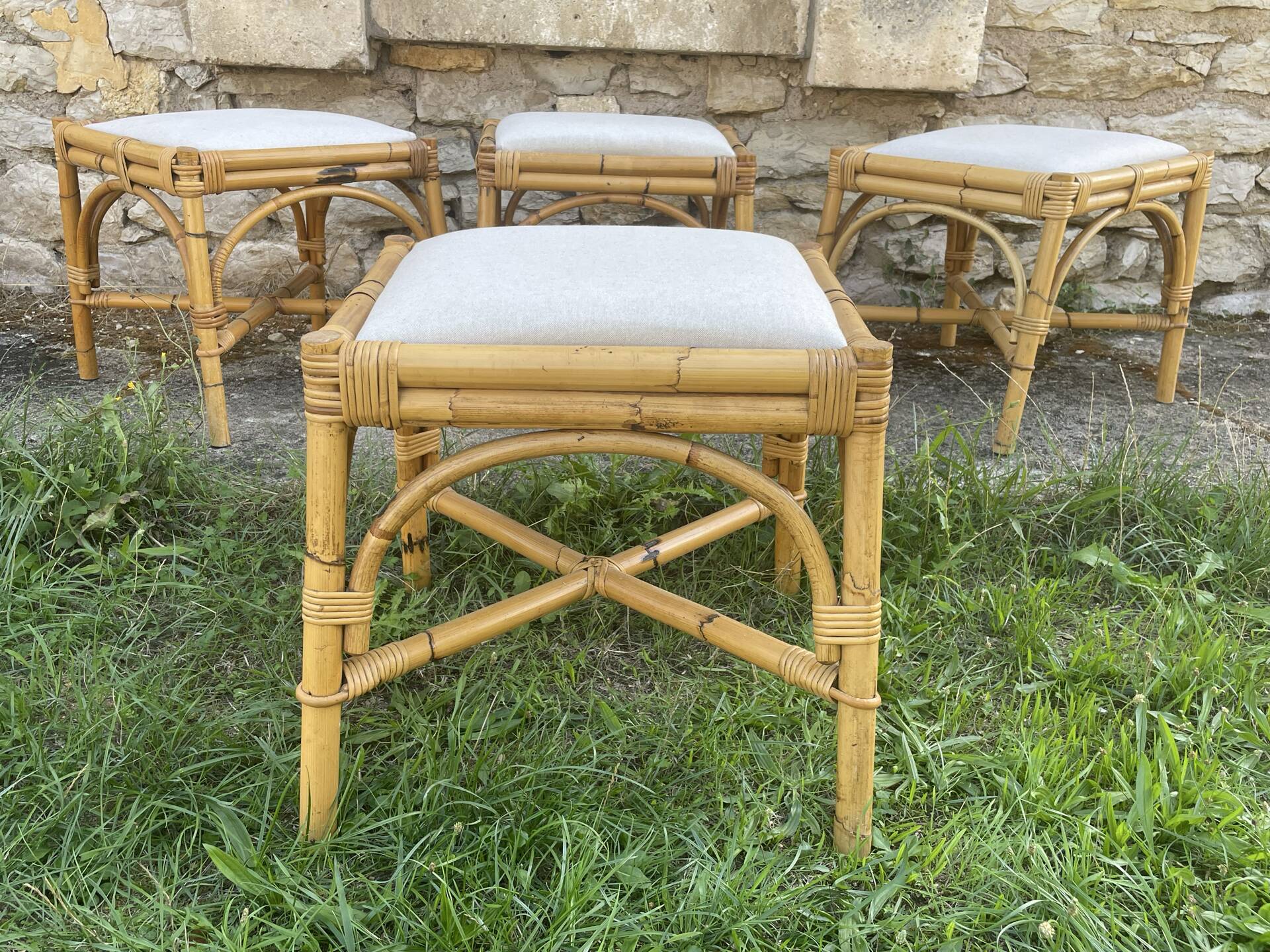 4 tabourets vintage bambou et rotin – années 60/70
