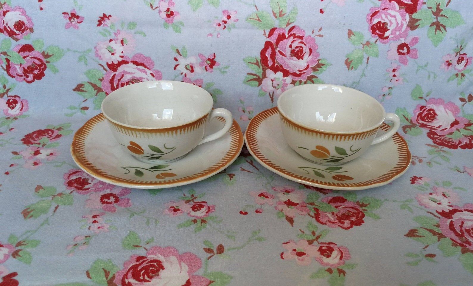 2 Old Badonviller Orange and Green Flower Cups and Sauces - Coffee or Tea Service for 2