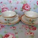Set de 2 tasses et soucoupes anciennes Badonviller Fleur Orange et Vert - Service à Café ou Thé pour 2