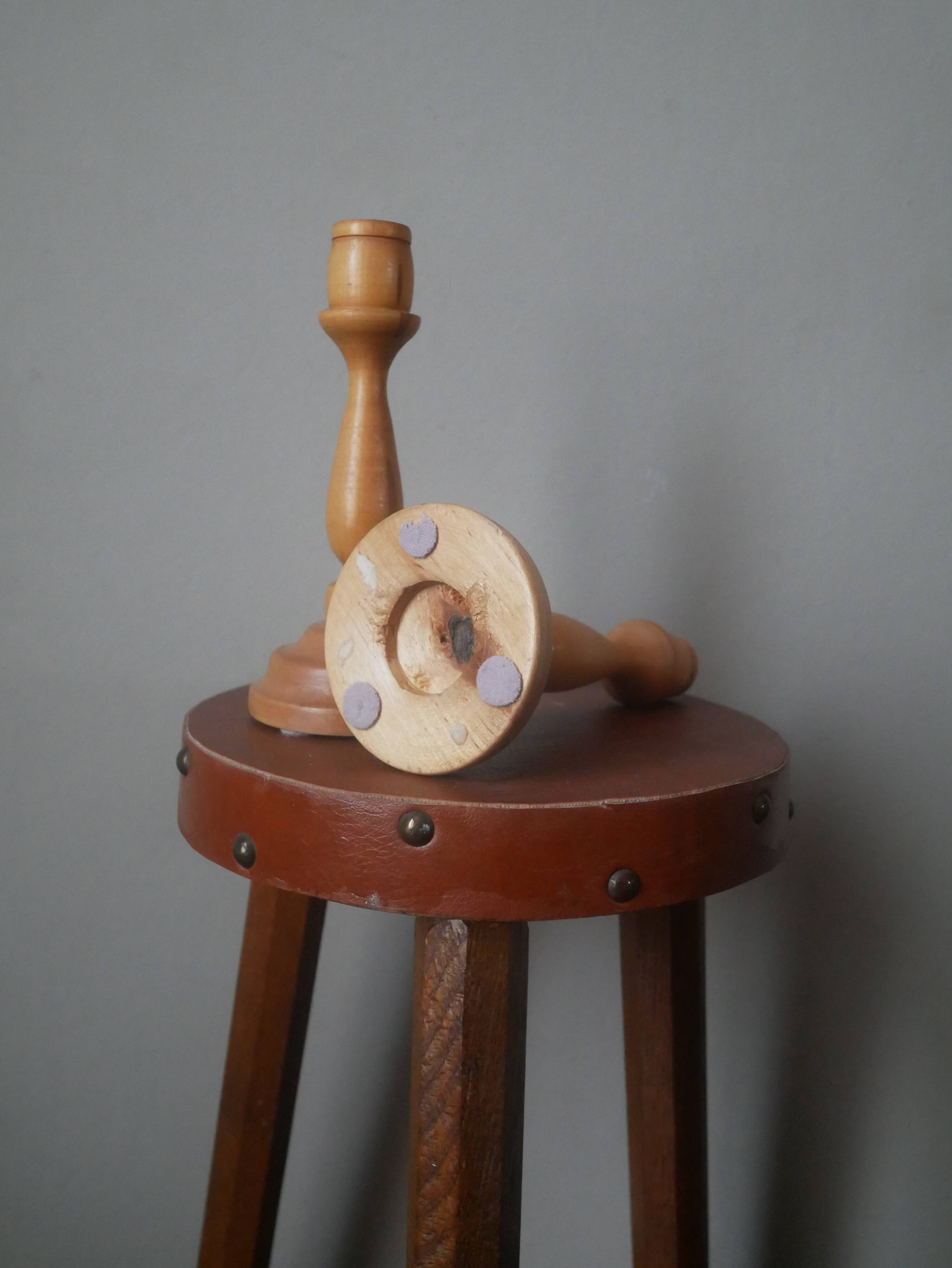 Pair of turned wooden candlesticks, handcrafted, Scandinavian country decoration