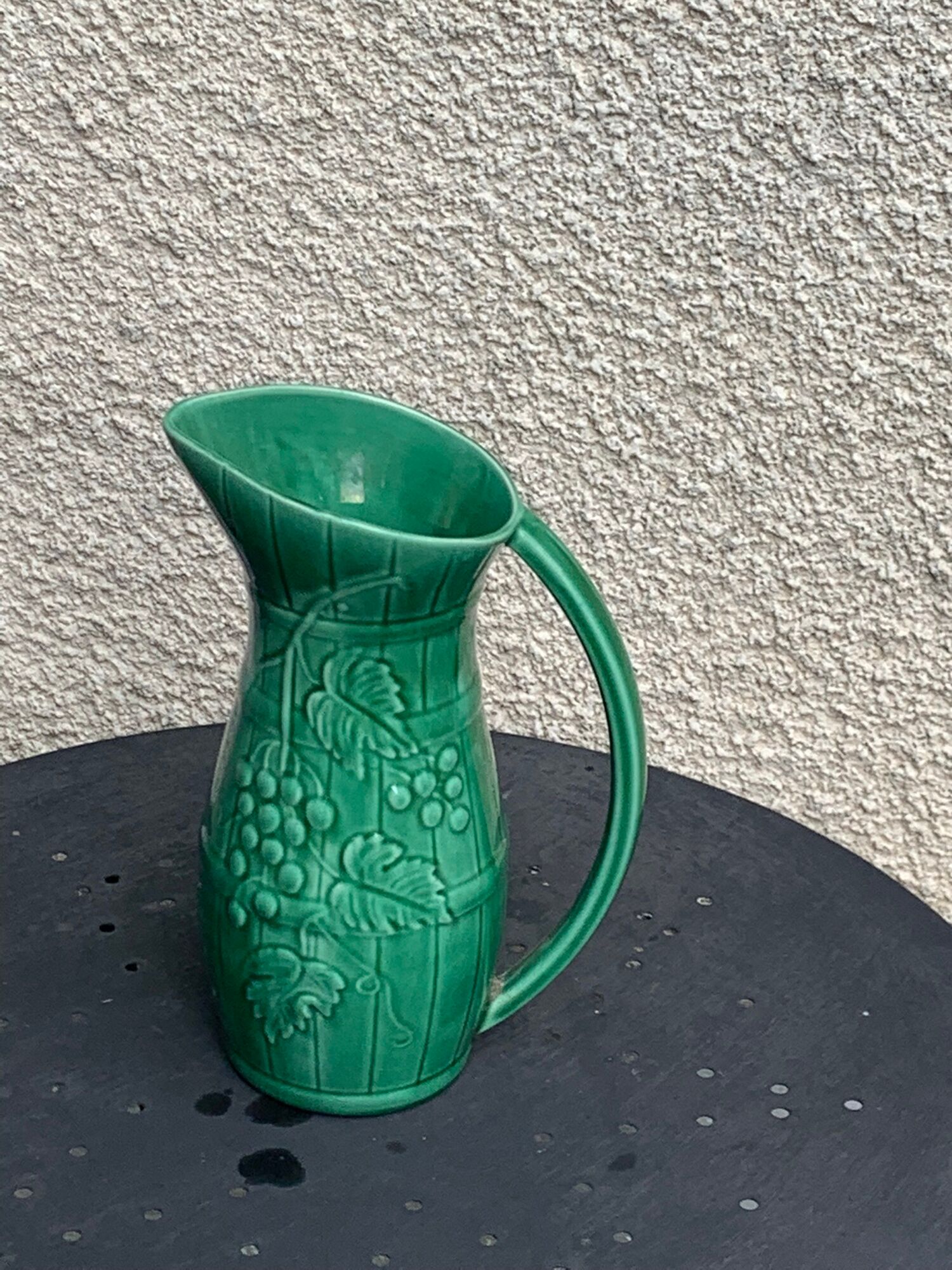 Green enamelled ceramic slurry jug Sarreguemines France