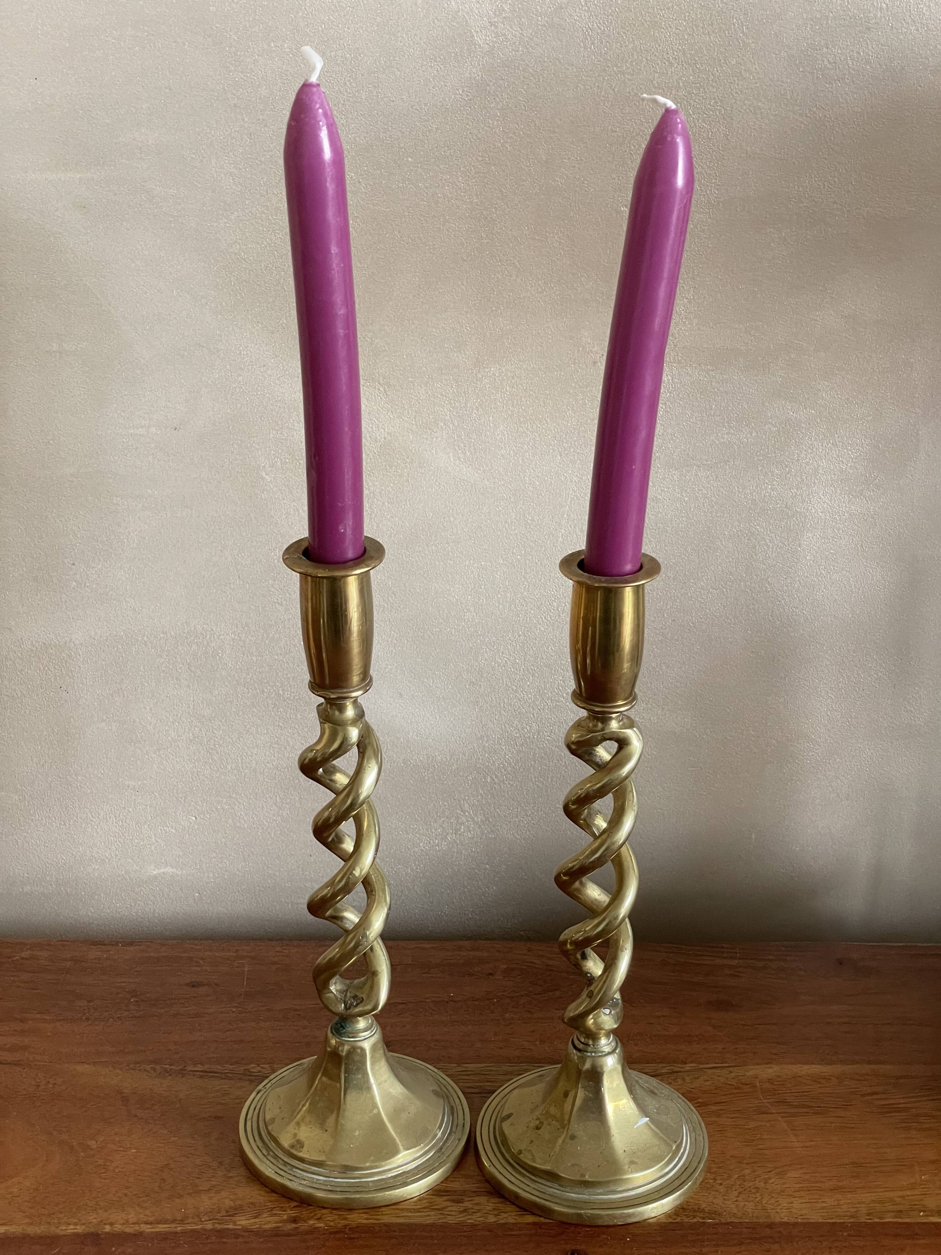 Duo of twisted brass candle holders