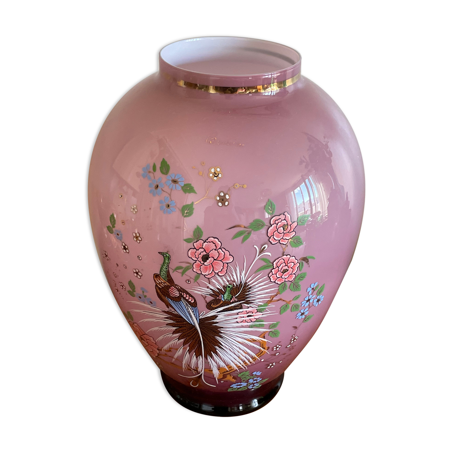 Opaline vase peacock decoration
