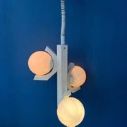 Mid-century white suspension with a bony design and opaline glass shade.