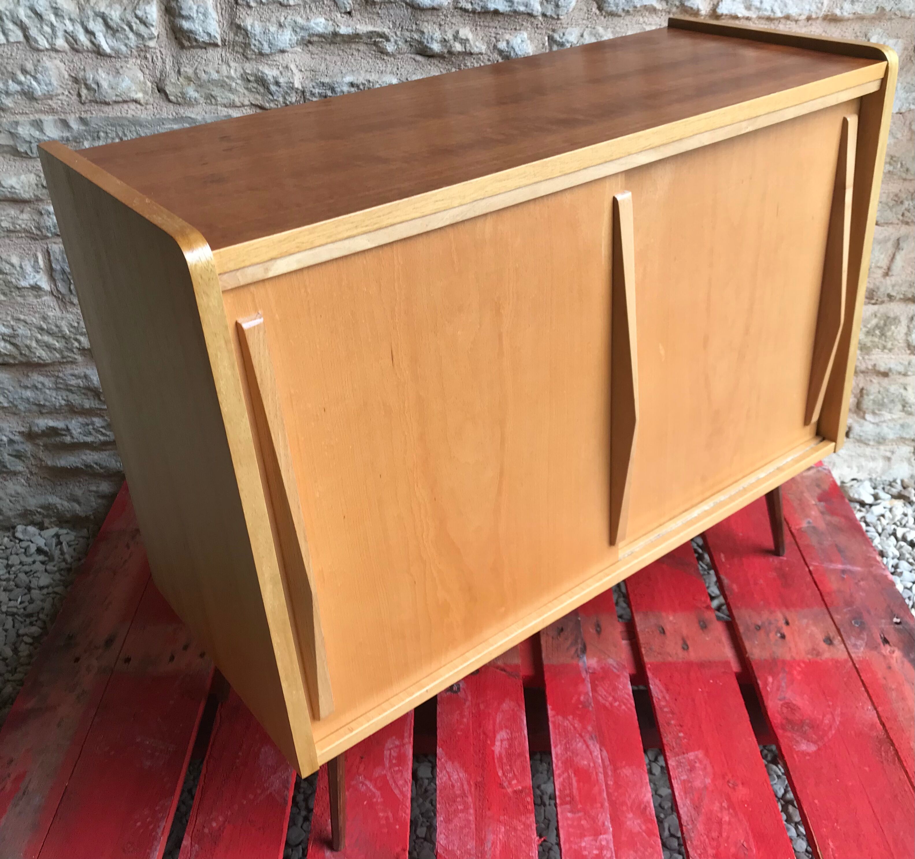 Vintage storage cabinet sliding doors feet compass