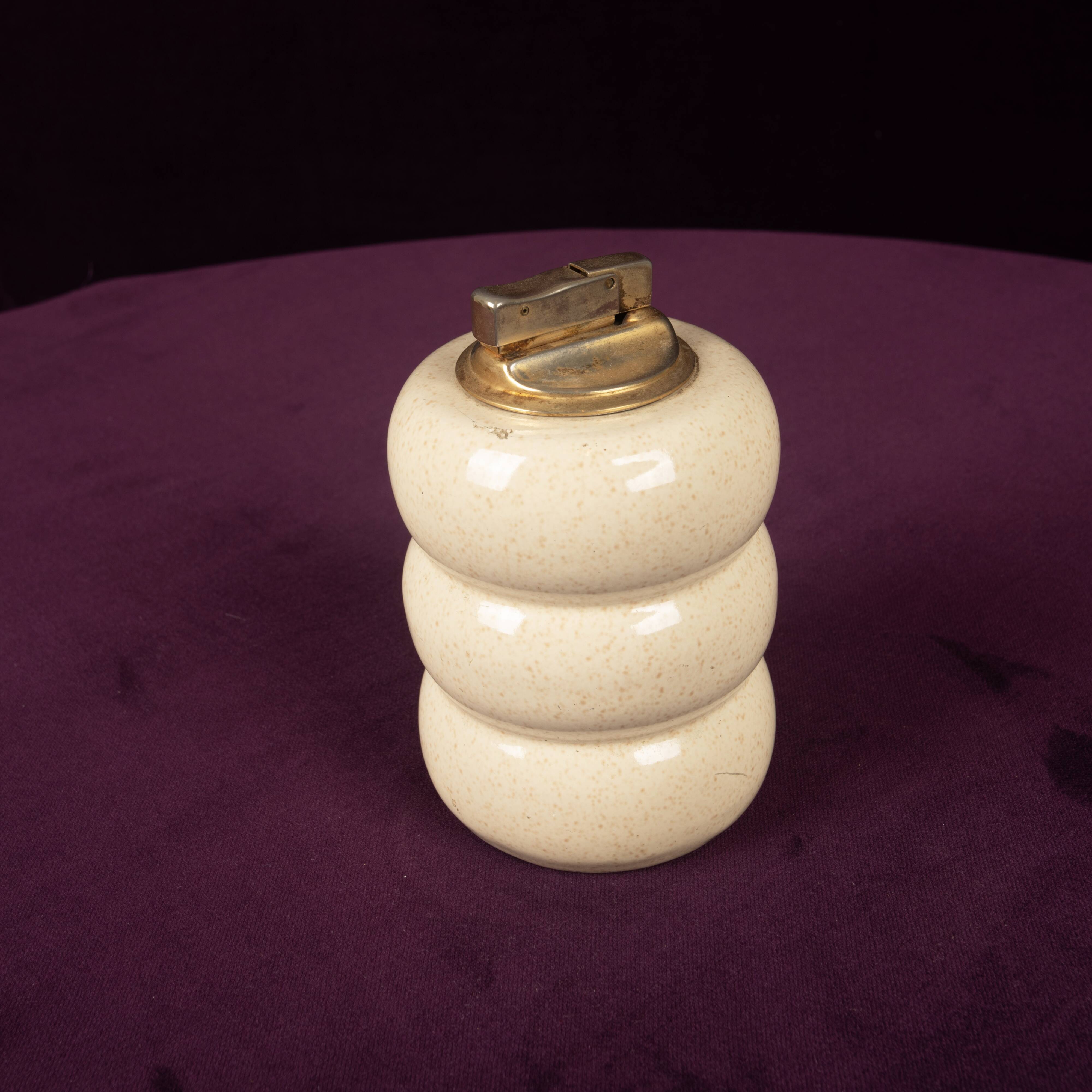 Tommaso Barbi Cream Speckled Ceramic and Brass Table Lighter 1970